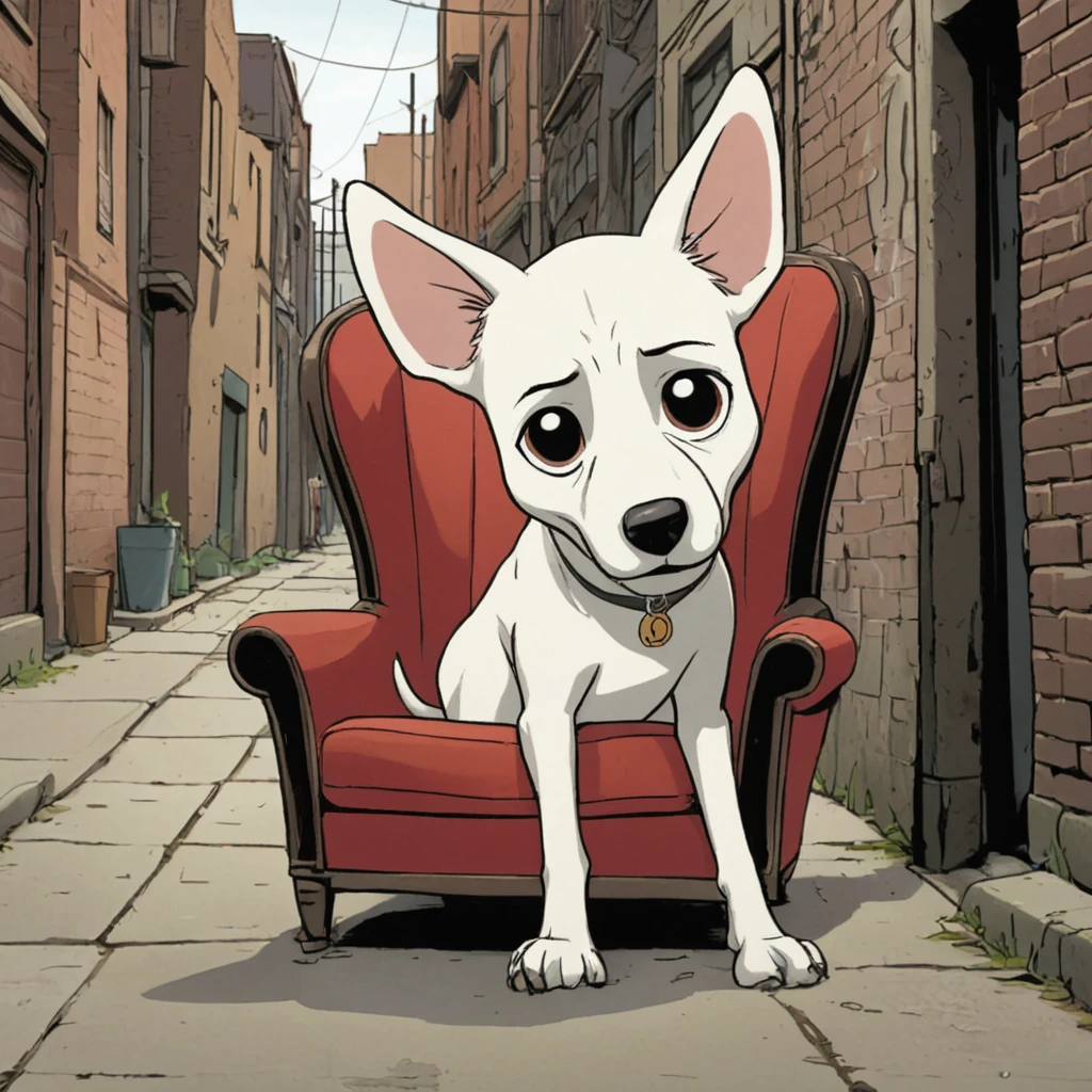  cartoon illustration of a medium-sized white dog, with long downturned ears and a short tail sitting on an old armchair in the background of an alley with a serious expression      