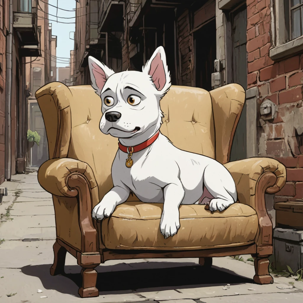 cartoon illustration of a medium-sized white dog, with long downturned ears and a short tail sitting on an old armchair in the background of an alley with a serious expression