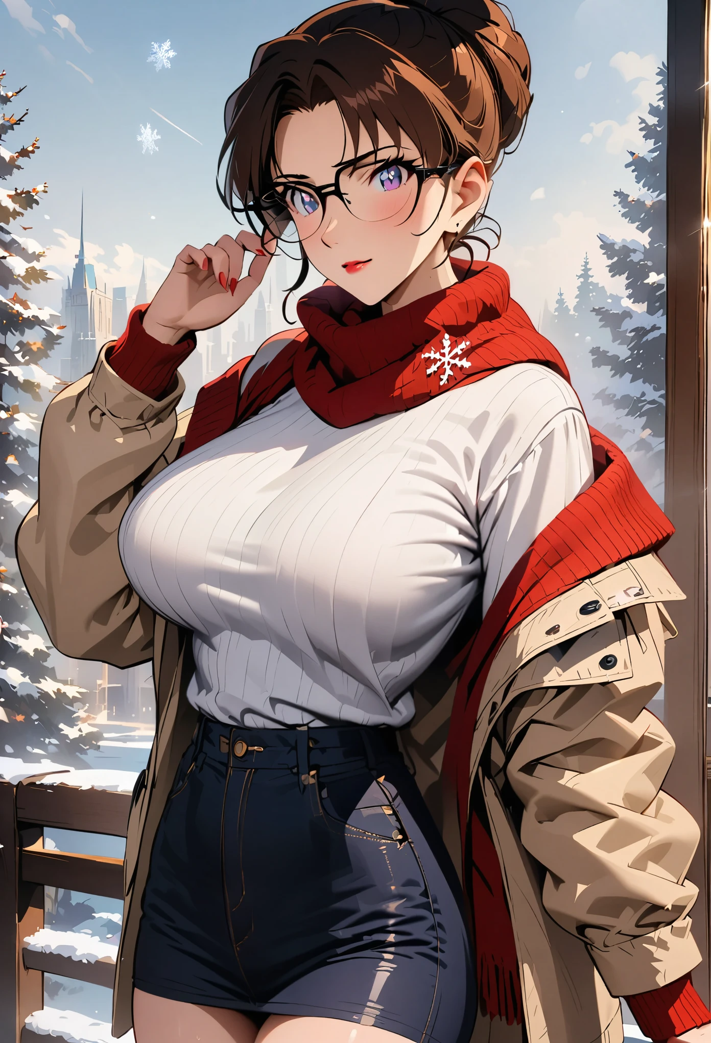 （best quality，4K，8K，high resolution，masterpiece：1.4），Ultra Detailed，Detail face：1.3，White sweater，red scarf，wear glasses，Perfect body，Large Breasts，Fashion，winter，Snowflakes falling，Anime style