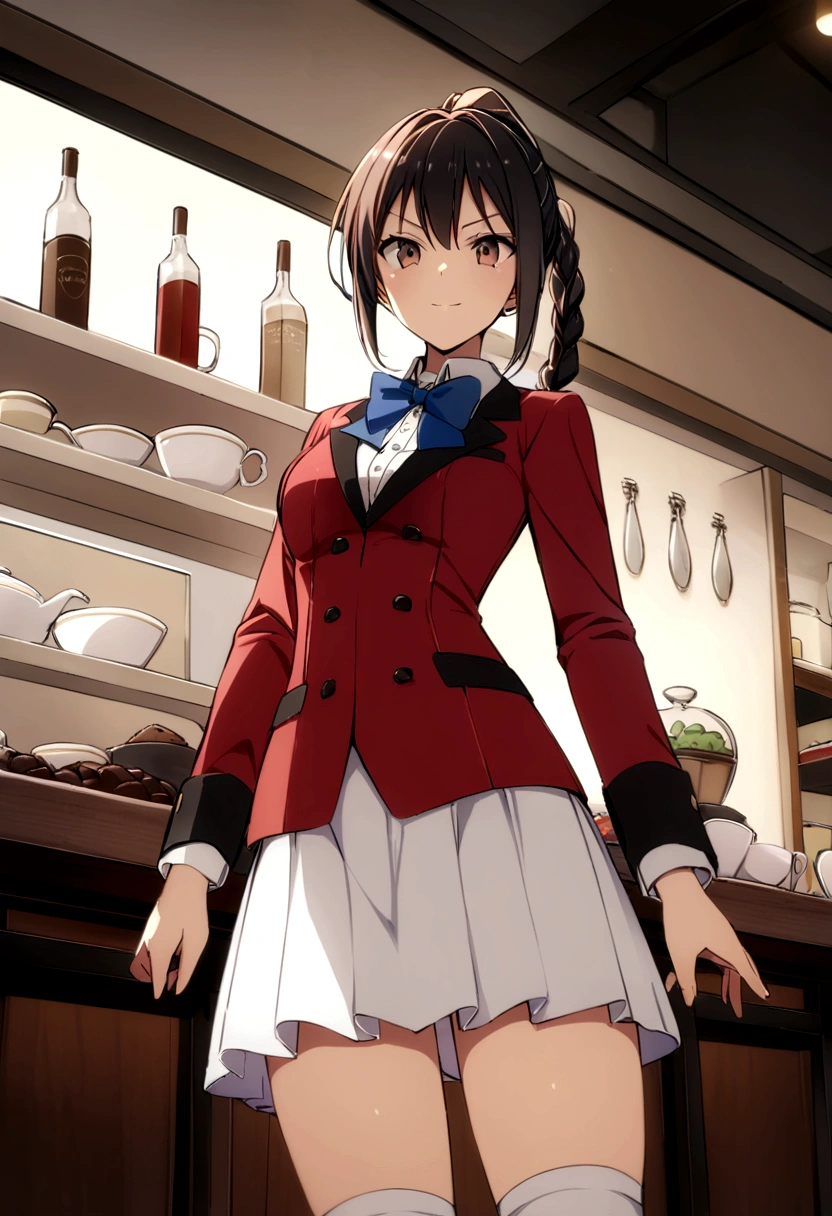masterpiece, best quality, highres, ponytail hair, (single braid:1.2), hair ribbon, red blazer,buttoned blazer, blue bowtie, long sleeves, white skirt,knee socks,leather shoes,standing ,serious smile, looking below, from front, background cafe shop,score_9, score_8_up, score_7_up, score_6_up,source_anime