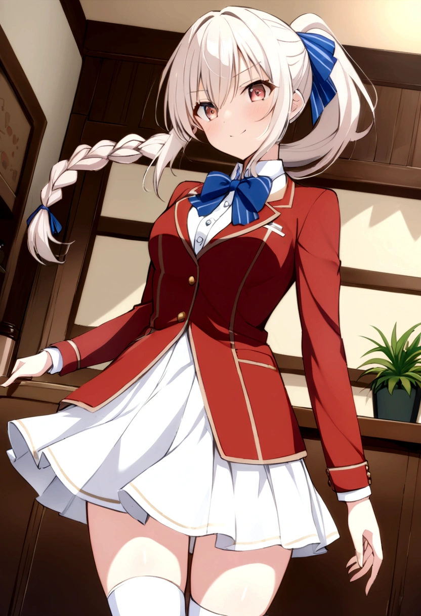 masterpiece, best quality, highres, ponytail hair, (single braid:1.2), hair ribbon, red blazer,buttoned blazer, blue bowtie, long sleeves, white skirt,knee socks,leather shoes,standing ,serious smile, looking below, from front, background cafe shop,score_9, score_8_up, score_7_up, score_6_up,source_anime 