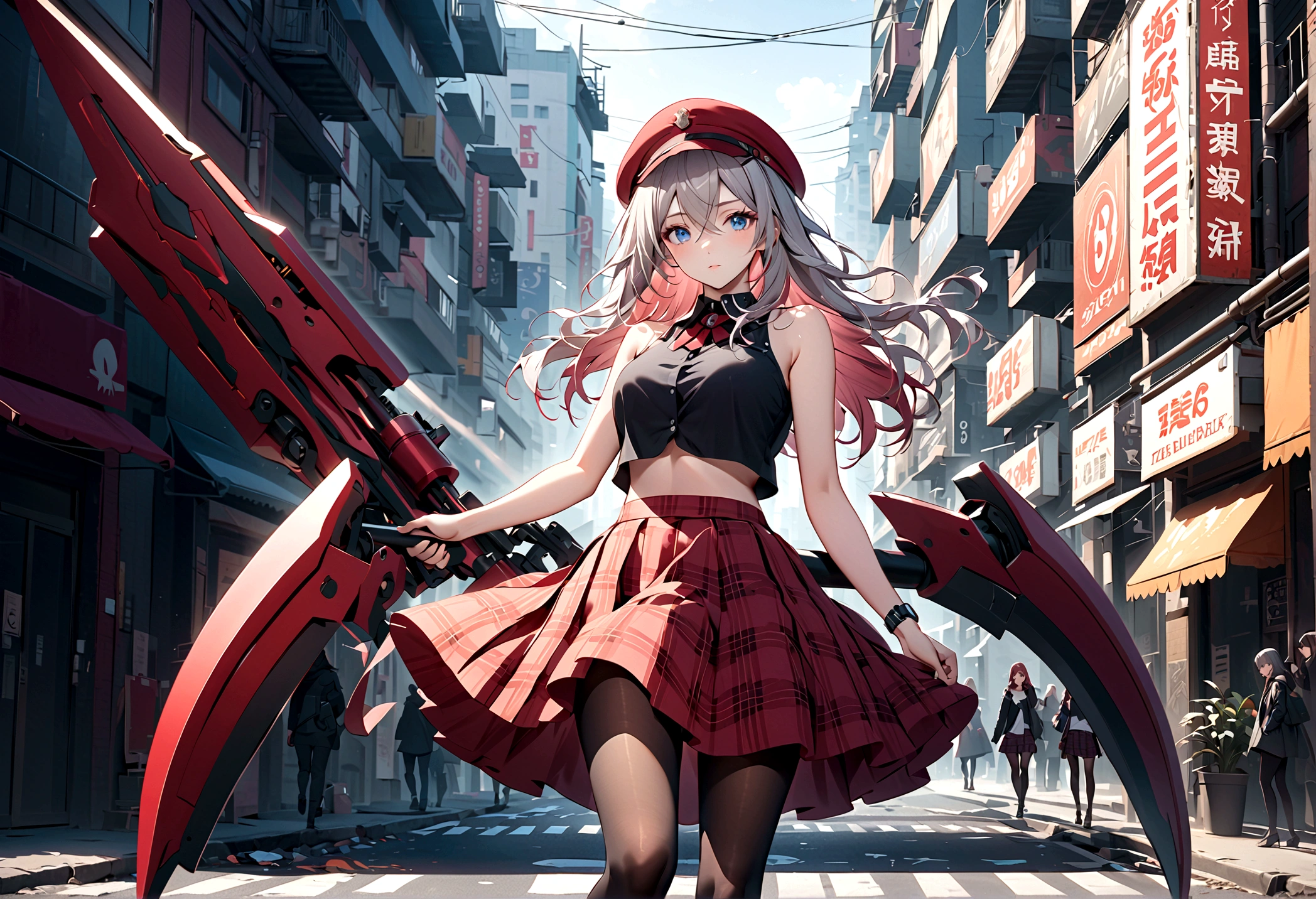 score_9, score_8_up, score_7_up, score_6_up, masterpiece, top quality, best quality, official art, beautiful and aesthetic, anime_source, centered, cinematic shot, full body, 1girl, alisa ilinichina amiella, solo,grey hair,long hair,blue eyes,hair between eyes, pantyhose,underboob,bare shoulders,black crop top,red headwear,red plaid skirt, holding giant mechanical weapon, apocalypse city street background, Expressiveh, Ultra HD, 4k image,