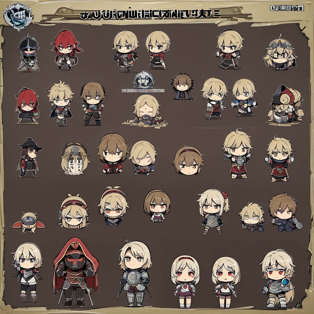 ((((Chibi Character、Character Sheet))))、Highest quality, Best Quality, High Quality Illustrationedieval Knight、men and women)))、(Man of the Middle Ages)、(Iron Helmet、Iron Mask、Simple iron armor)、(in trouble、Sweat、anxiety)、(The background is castle color)