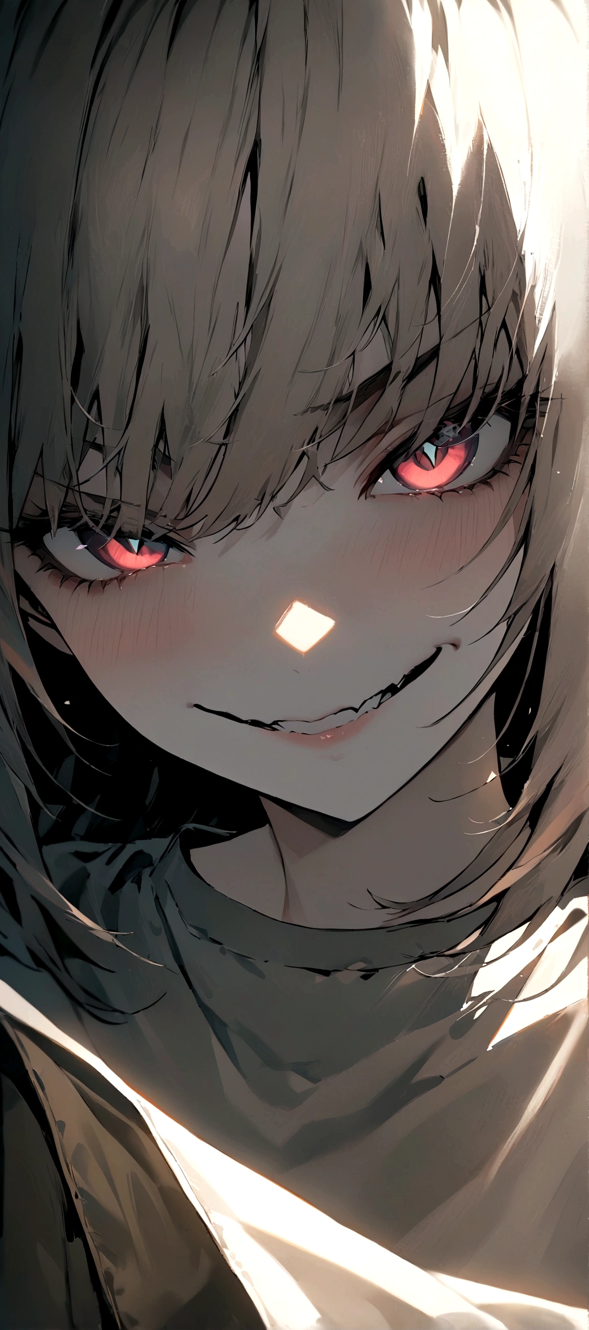 (Masterpiece:1.2, Best Quality), 1 woman, Alone, Upper part of the body, Casual, wide, minimal makeup, Natural fabrics, closeup face, evil smile, bright eyes circular pupils,