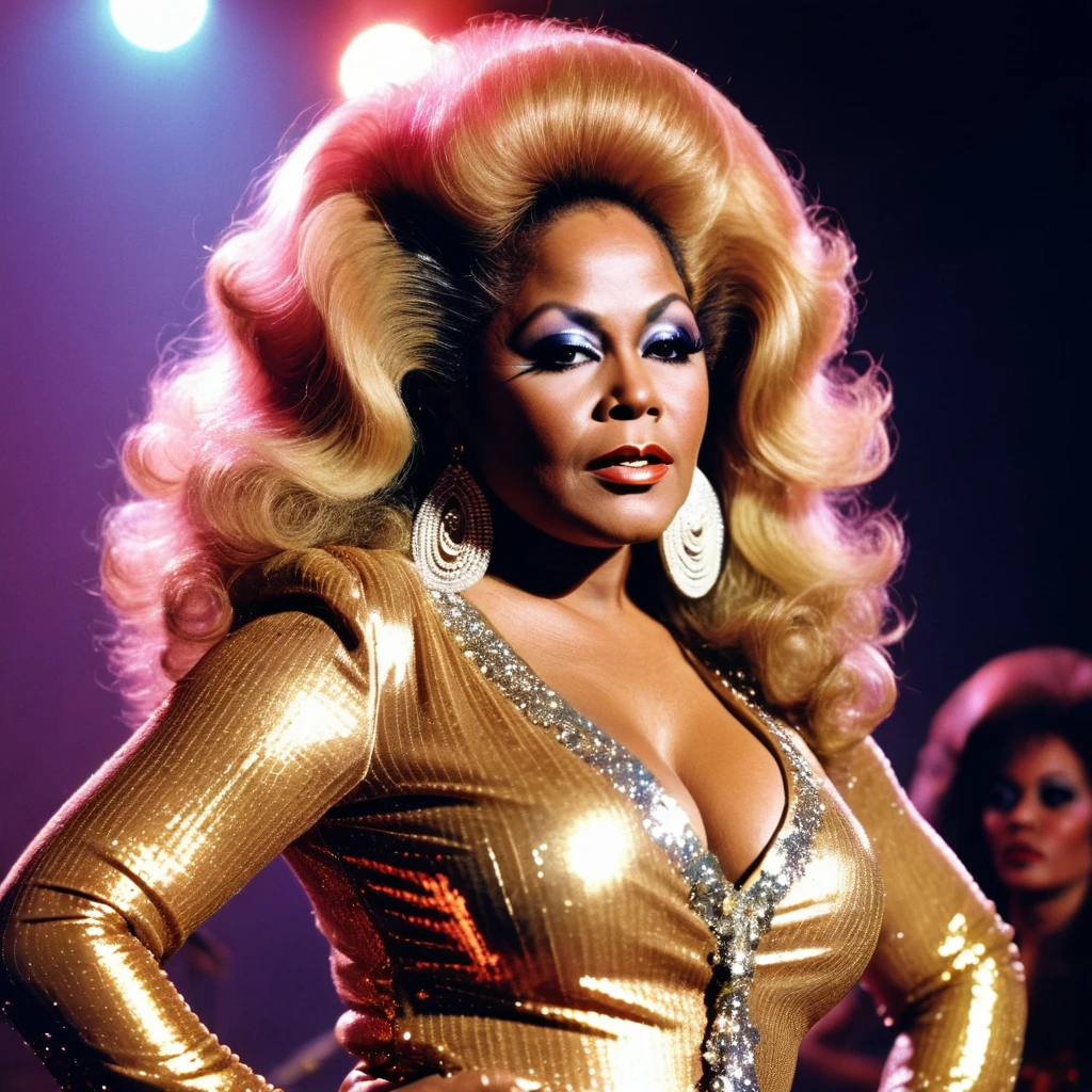 A closeup photo of a fictional 1970s female R&B superstar named Cookie Eaton. She has a confident and glamorous expression, with stylishly voluminous hair, possibly an afro, and wearing large hoop earrings. Her makeup is bold with vibrant eye shadow and glossy lips. She is dressed in a sparkling, sequined outfit, typical of 1970s fashion. The background is a blurred stage with colorful lights, giving a sense of her performing in a lively concert. The image captures the essence of 1970s R&B glamour and style.
