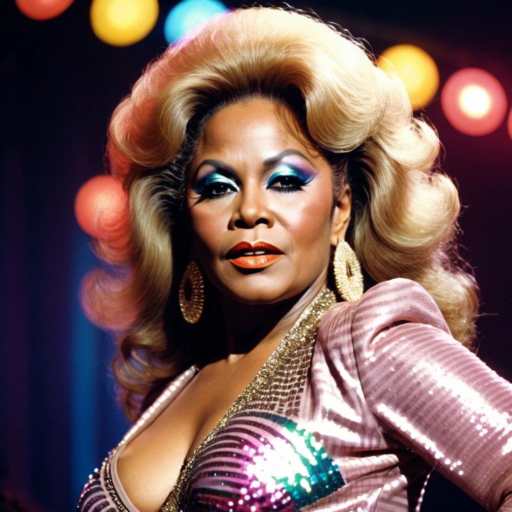 A closeup photo of a fictional 1970s female R&B superstar named Cookie Eaton. She has a confident and glamorous expression, with stylishly voluminous hair, possibly an afro, and wearing large hoop earrings. Her makeup is bold with vibrant eye shadow and glossy lips. She is dressed in a sparkling, sequined outfit, typical of 1970s fashion. The background is a blurred stage with colorful lights, giving a sense of her performing in a lively concert. The image captures the essence of 1970s R&B glamour and style.