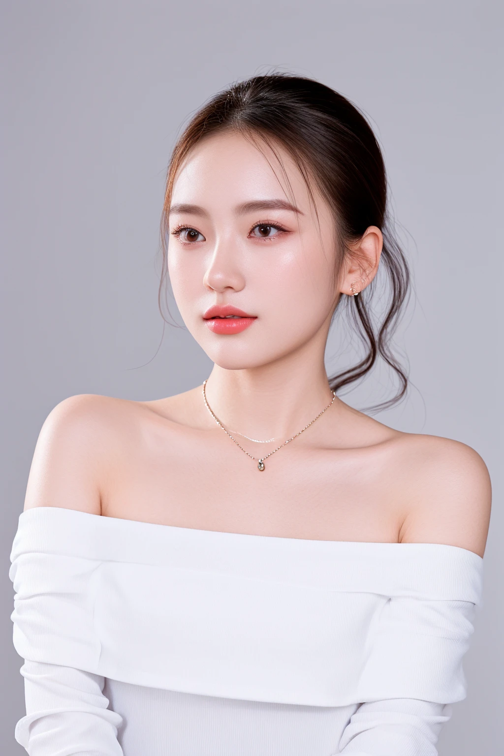 arafed woman in a white dress posing for a picture, young beautiful woman, attractive neck, lovely woman, gorgeous chinese model, a beautiful young woman, wearing elegant jewellery, necklace, a cute young woman, small necklace, cute young woman, with backdrop of natural light, with round face, inspired by Huang Ji, face and shoulders, lovely delicate face