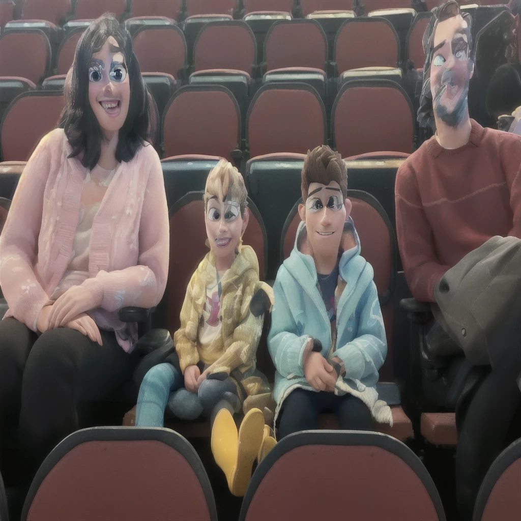 A couple with two sitting in stadium, high quality photo, group photo, group portrait, commissioned, 8k quality, photo realistic in disney pixar style. high quality, 8k, master piece, 3d disney, disney pixar