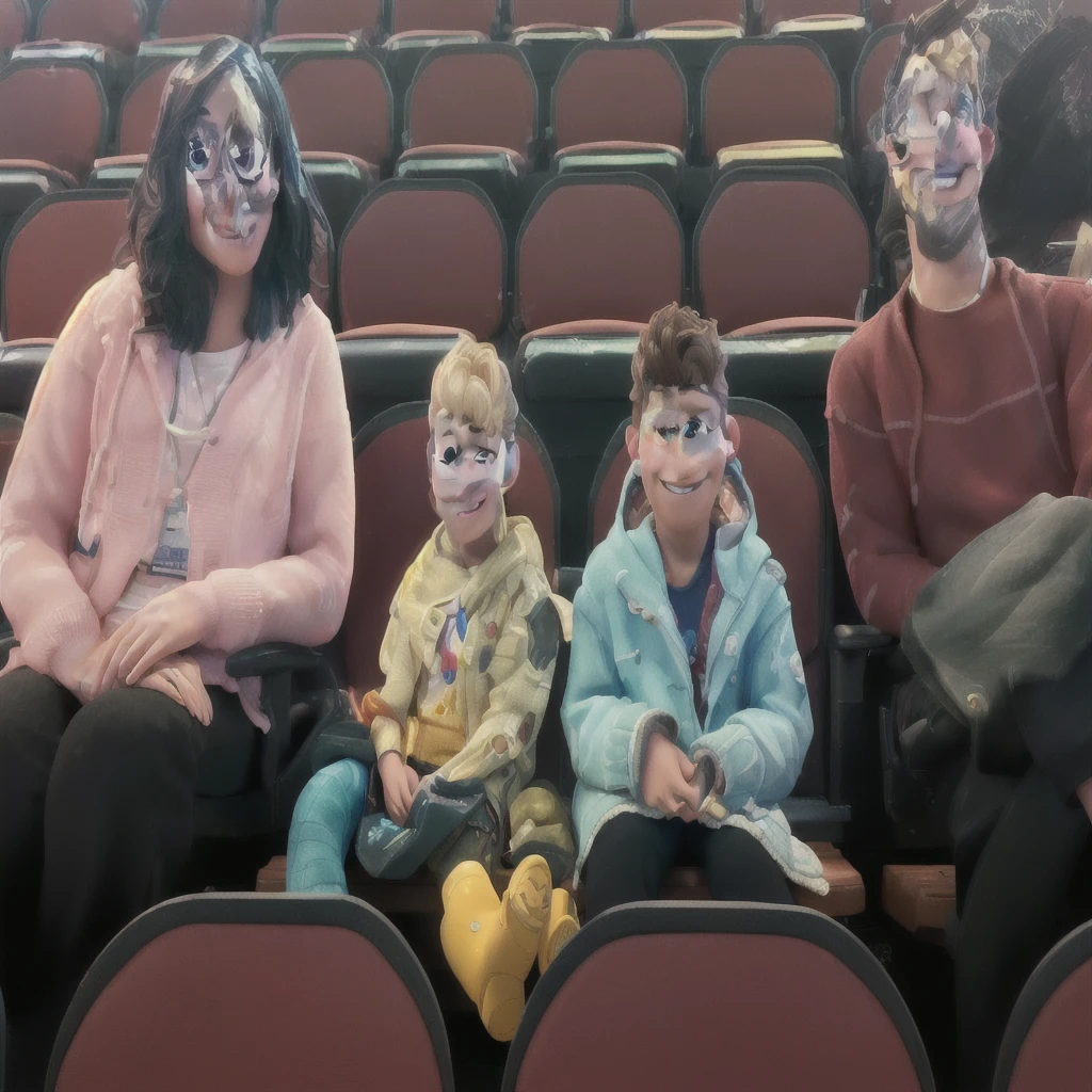 masterpiece, best quality, (extremely detailed CG unity 8k wallpaper), (best quality), (best illustration), (best shadow),A couple with two kids sitting in stadium, high quality photo, group photo, group portrait, commissioned, 8k quality, photo realistic in disney pixar style. high quality, 8k, master piece, 3d disney, disney pixar