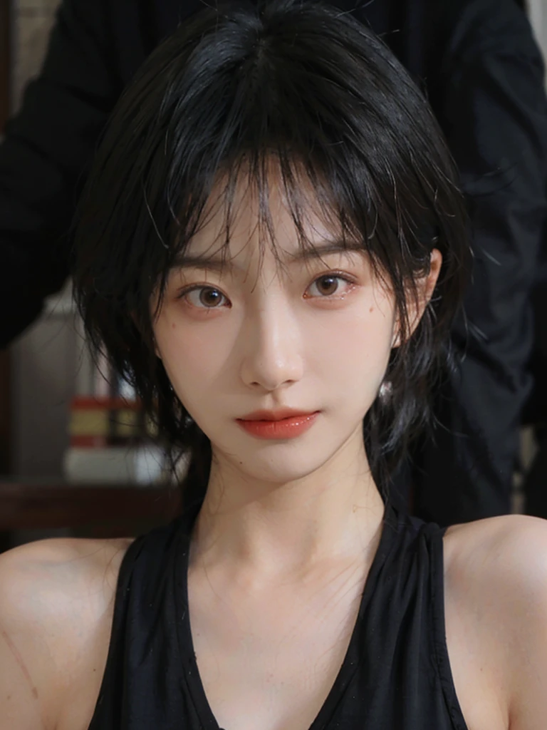 (Skin details:1.4), (smooth skin textures:1.3), (Upper body:1.4),(Upper Body:1.3),(Black clothes:1.4),Lipstick, background, earrings, serene, calm, (Realistic and detailed eyes:1.2), Natural skin texture, Realistic facial details, Soft dramatic lighting, Vivid details, 35 mm film, outdoor, (Photo Practical:1.4), (hyper Practical:1.4), (Practical:1.3), (Smoother lighting:1.05), (Improve lighting quality:0.9), (Highest quality real skin textures:1.4), Exquisite eyes, Delicate face, Close-up of face, (Enhance the beauty of skin texture:1.1),0Normal body proportions, short hair, Moles under the eyes, A faint smile,Portrait Photography, Depth of Field, Bokeh, Surrealism, Ray Tracing, (Portrait Photography:1.1), Surrealism, High Detail, Chiaroscuro, Ray Tracing, reflected light, Ultra HD, Ultra HD, masterpiece, Textured Skin, Super Detail, High Detail, high quality, best quality