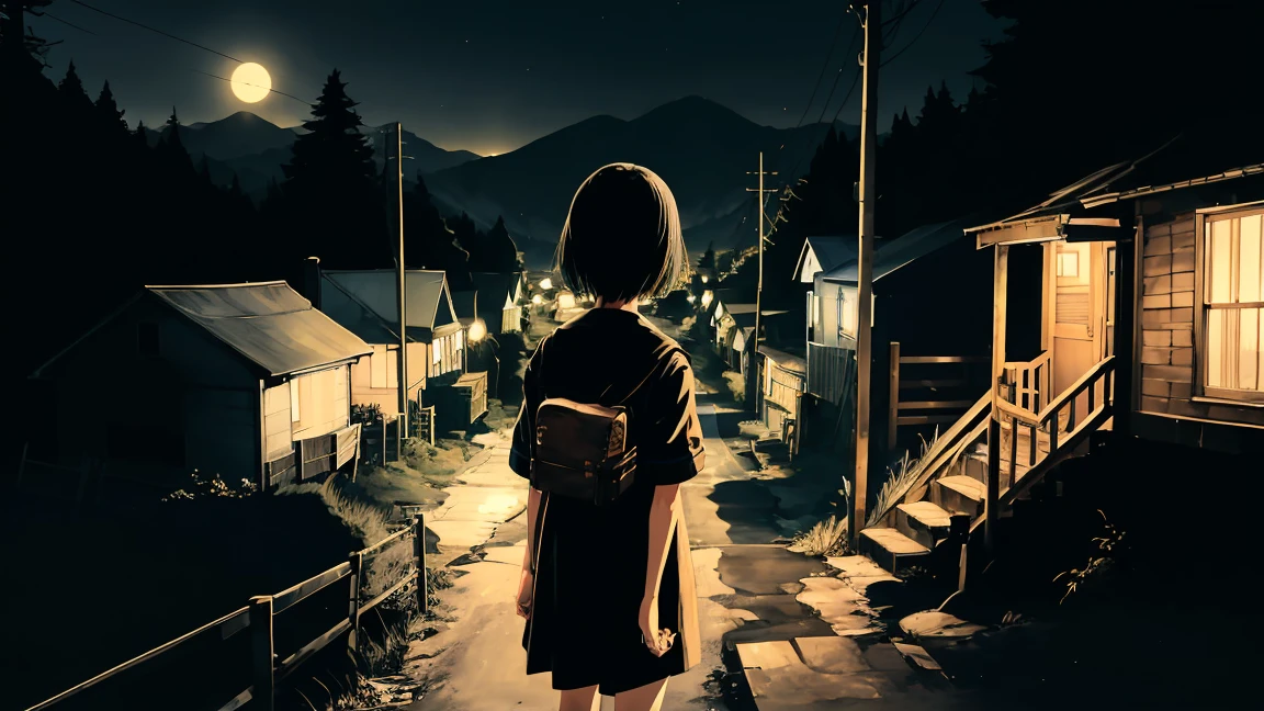 girl、alone,Temporarily stop, whole body, Sailor suit、held a pistol、Dim mountain road、Anime illustration、night、Illuminated by street lights、Black Hair、short hair、Back view、Road on the cliff、Warped guardrail、No house