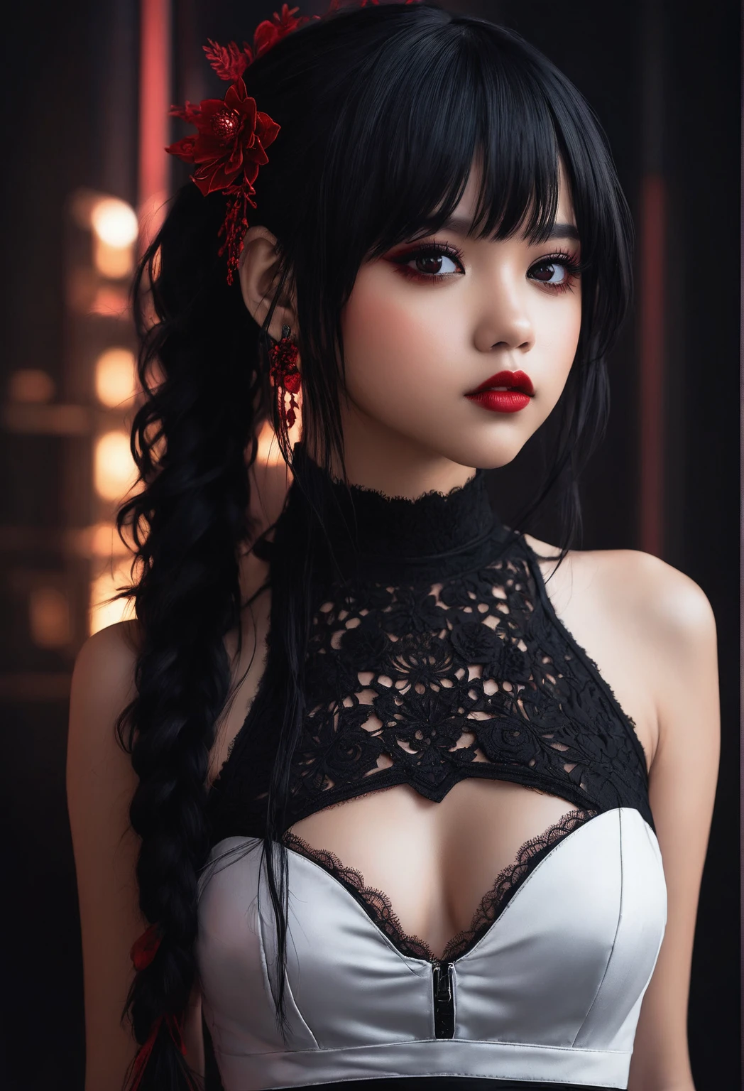 Jenna Ortega what ((black and red dress):1.9) and black lace top, cute face. dark fantasy, with black pigtails, in the style of Ross Tran, Attention to detail, beautiful, detailed face, extra long hair, a braided ponytail on the head, Nice haircut, (Blush:1.1), Perfect body shape, with tormented eyes and dark hair, [ trending on Subscribe ]!!, jet black haired cyberpunk girl, fantastic and moody, 