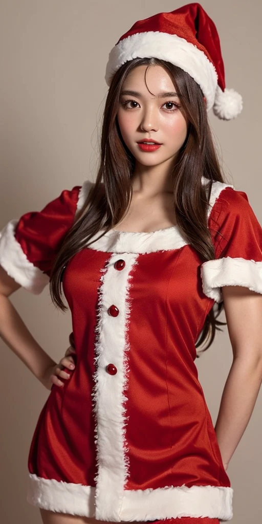 Ultra-Realistic Capture, Very detailed,. Skin texture must be natural,Take a photo wearing a Santa Claus costume,Red dress and hat, Wearing a red dress,