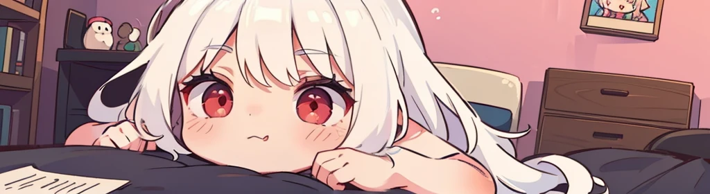 ((((1girl:1.5)))), white hair, red eyes, long hair, (collarbone:1.4), (2d, chibi, cute, cute, small , big eyes), skin color white, think about something, background/(in the room ,modern pink girl&#39;s room, bed, Soft mood lighting), a single rose