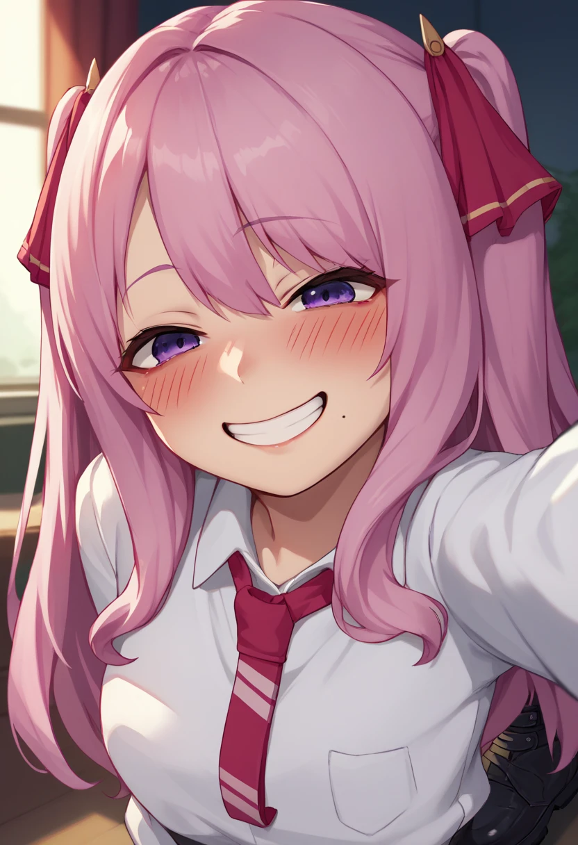 score_9, score_8_up, score_7_up, source_anime, BREAK 1girl, yunidef, purple eyes, pink hair, long hair, two side up, , hair ornament, mole under mouth, pink necktie,  indoors, , pov, , black footwear, blush, evil grin,, smile,, crazy smile, close up,
