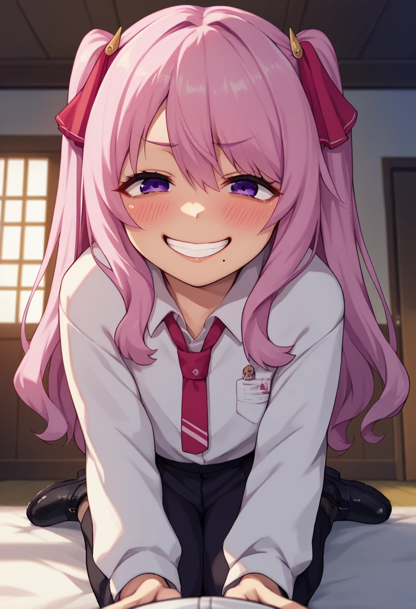 score_9, score_8_up, score_7_up, source_anime, BREAK 1girl, yunidef, purple eyes, pink hair, long hair, two side up, , hair ornament, mole under mouth, pink necktie,  indoors, , pov, , black footwear, blush, evil grin,, smile,, crazy smile, close up,
