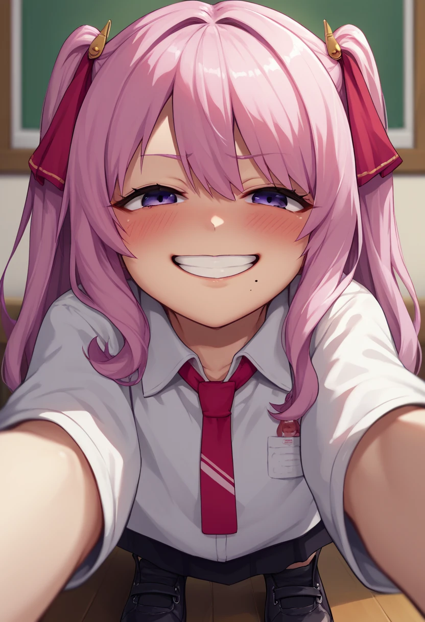 score_9, score_8_up, score_7_up, source_anime, BREAK 1girl, yunidef, purple eyes, pink hair, long hair, two side up, , hair ornament, mole under mouth, pink necktie,  indoors, , pov, , black footwear, blush, evil grin,, smile,, crazy smile, close up,
