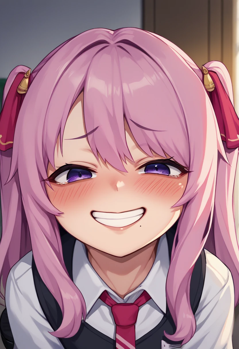 score_9, score_8_up, score_7_up, source_anime, BREAK 1girl, yunidef, purple eyes, pink hair, long hair, two side up, , hair ornament, mole under mouth, pink necktie,  indoors, , pov, , black footwear, blush, evil grin,, smile,, crazy smile, close up,
