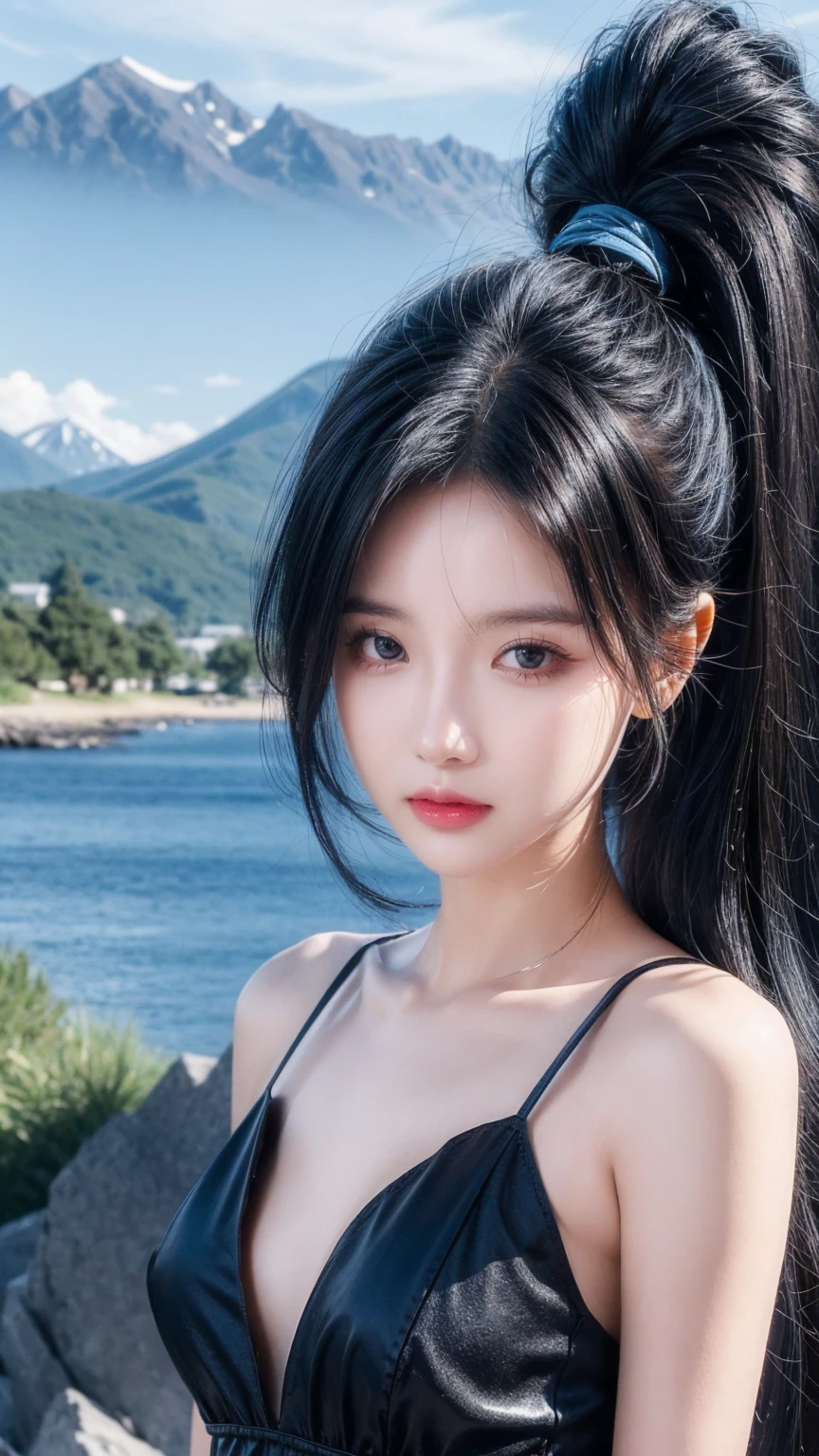 best quality, 1 Girl, dark blue hair, black eyes, Very short hair, Spiky hair, wears sweet dark blue dress body slim luxury,A cropped dress, 171 cm, Messy hair, Hair between the eyes, Tomboy, aldult, 20 years old, A sweet girl by the mountain