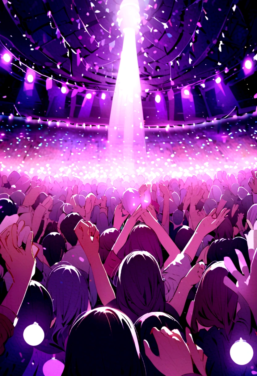 Concert audience with small lights in their hands, hands up, purple lighting, many lights, lively atmosphere, ((perfect hands)), hands thrown in the air, animated perfect hands
