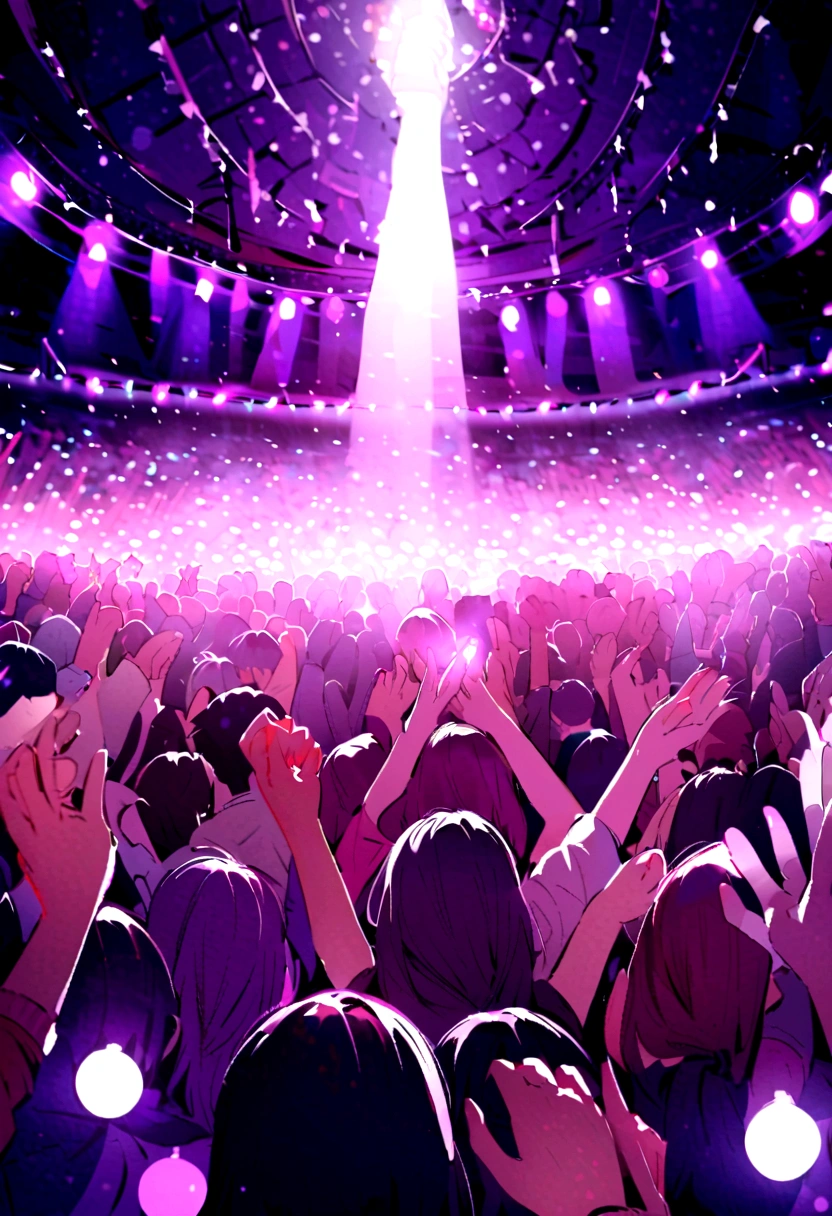 Concert audience with small lights in their hands, hands up, purple lighting, many lights, lively atmosphere, ((perfect hands)), hands thrown in the air, animated perfect hands