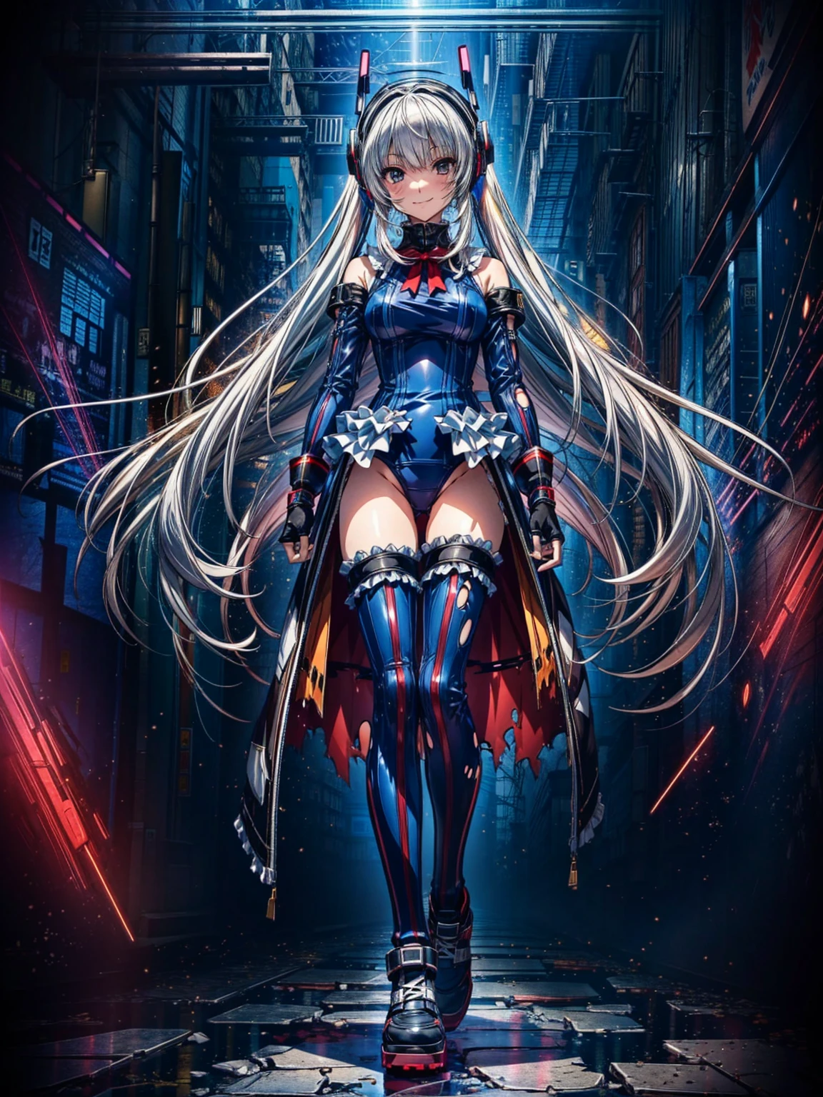finest masterpiece, Super detailed, Highest quality, Sharp focus, 12k, ultra hi resolution picture, big ,12k,Perfect Anatomy, Highest quality, Marie Rose,Wicked Smile,Provocative attitude
,,evil Smile,Anime Style,(Frilled swimsuit, Knee socks, Removed sleeve), (Anime Style:1.4) ,
,(White fingers:1.1,Black gloves),
Hollow Eyes,,One Girl、(cyber punk:1.4),,(Very long hair:1.6),(whole body:1.3),
Silver Hair,(Full Face Headgear:1.6),(Torn clothes:1.4),Are standing,(full body:1.2),Neon Light