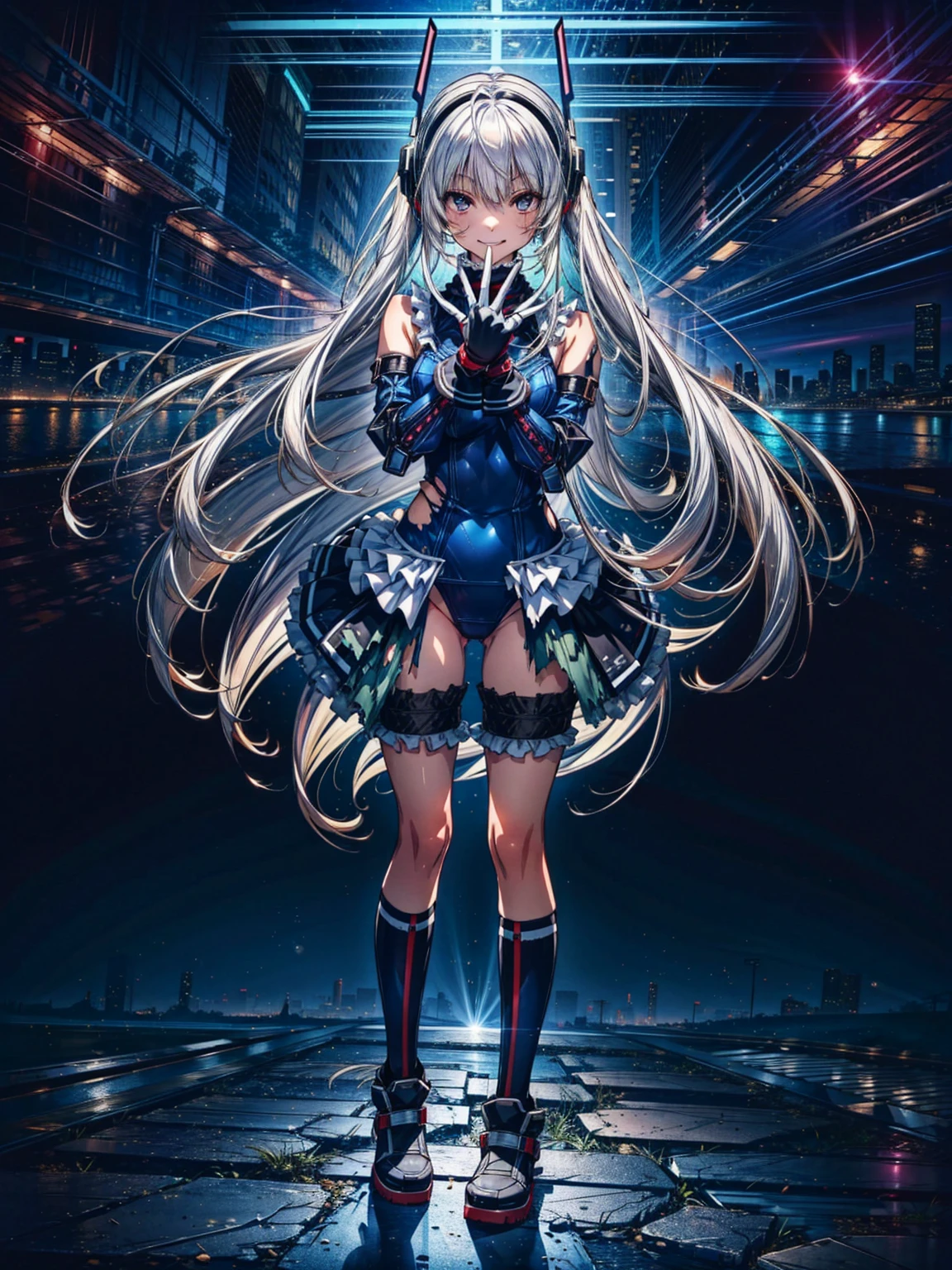 finest masterpiece, Super detailed, Highest quality, Sharp focus, 12k, ultra hi resolution picture, big ,12k,Perfect Anatomy, Highest quality, Marie Rose,Wicked Smile,Provocative attitude
,,evil Smile,Anime Style,(Frilled swimsuit, Knee socks, Removed sleeve), (Anime Style:1.4) ,
,(White fingers:1.1,Black gloves),
Hollow Eyes,,One Girl、(cyber punk:1.4),,(Very long hair:1.6),(whole body:1.3),
Silver Hair,(Full Face Headgear:1.6),(Torn clothes:1.4),Are standing,(full body:1.2),Neon Light