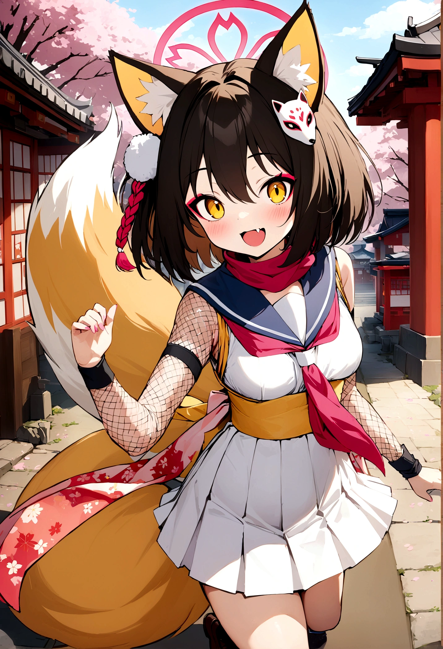 (masterpiece:1.2),(best quality:1.2),(ultra-detailed),1girl,izuna-default, izuna \(blue archive\),yellow eyes, black hair, animal ears, halo,fox tail,, japanese clothes,scarf,serafuku,skirt,gloves,(fishnets:1.1),single black sock,loafers,smile, looking at viewer, blush, hand up, skin fang,cowboy shot, dynamic pose, outdoors, japan,shrine,cherry blossoms,morning,fine weather,