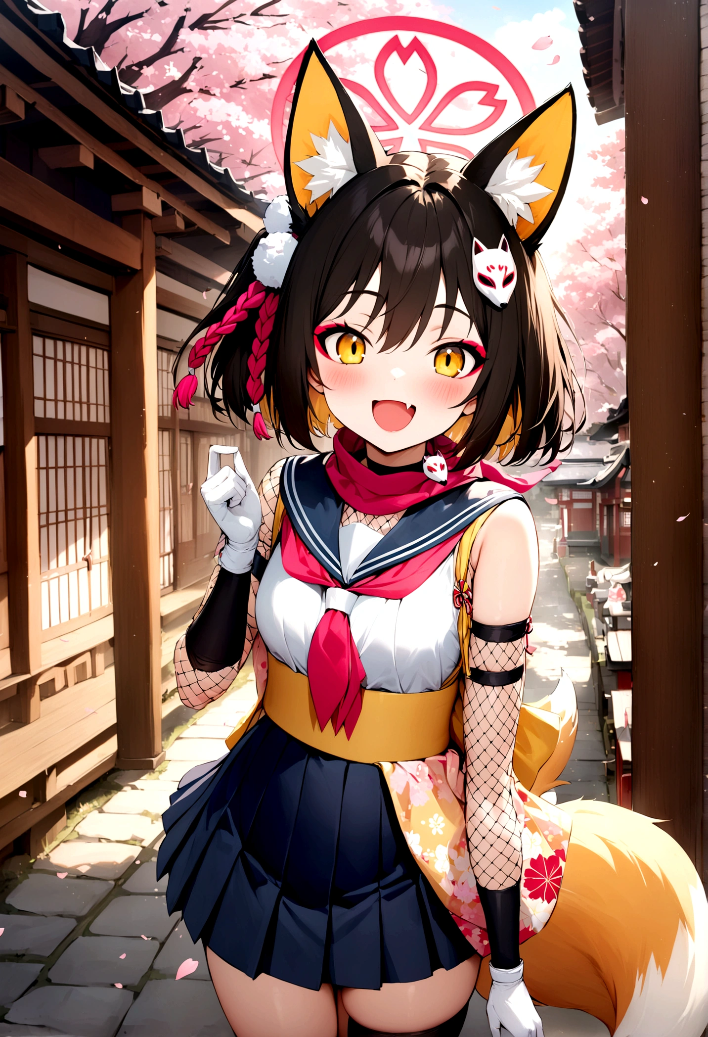(masterpiece:1.2),(best quality:1.2),(ultra-detailed),1girl,izuna-default, izuna \(blue archive\),yellow eyes, black hair, animal ears, halo,fox tail,, japanese clothes,scarf,serafuku,skirt,gloves,(fishnets:1.1),single black sock,loafers,smile, looking at viewer, blush, hand up, skin fang,cowboy shot, dynamic pose, outdoors, japan,shrine,cherry blossoms,morning,fine weather,