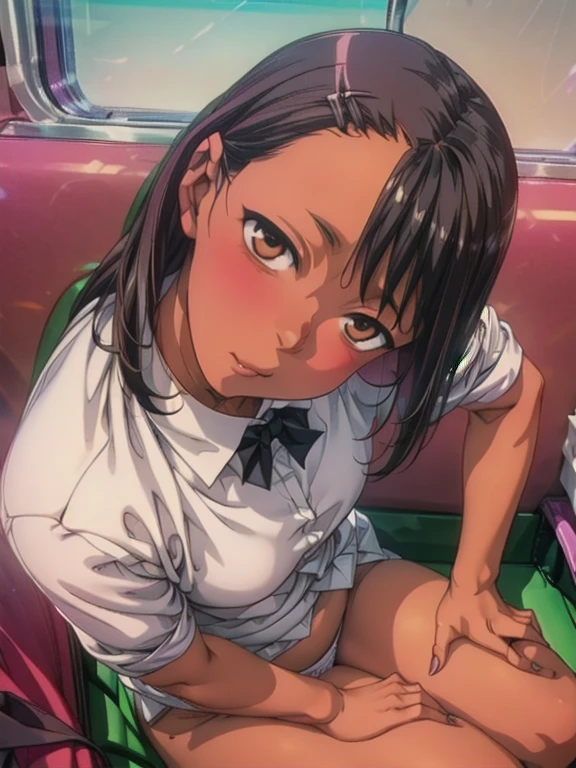 (1) Sitting alone on a long seat in a train,Sit with your legs apart,Panty shot,White panties are visible, , Composition from the front,Low - Angle,
(2) I'm a jk, She is wearing a uniform consisting of a miniskirt, sailor suit and loose socks.,
(3) I have medium length brown hair,
(4) The expression is provocative and smirking.,
(5) The location is a long seat on the Yamanote Line at night.,There are no other customers,The view outside the window is the night view of the city