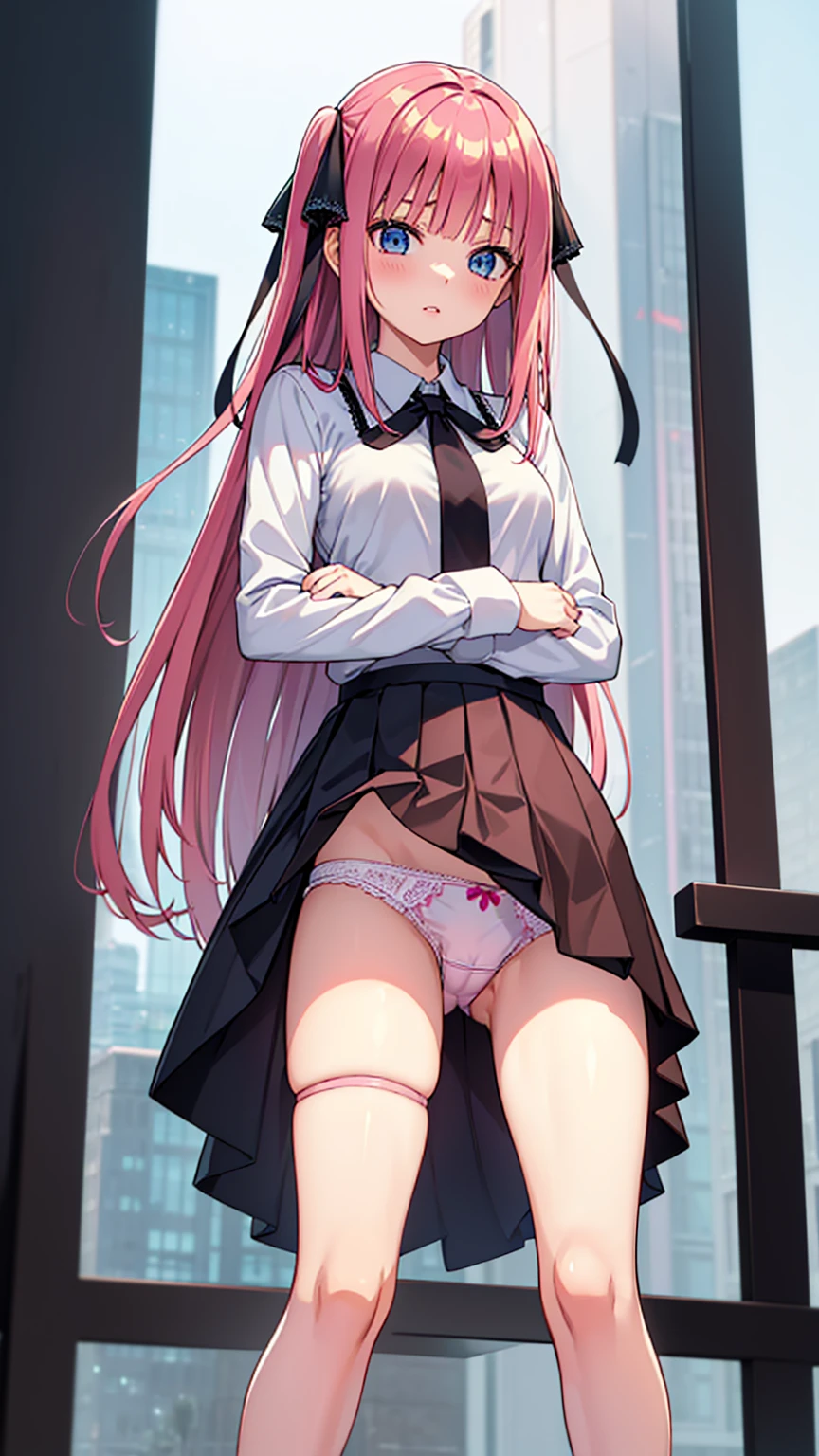 Anime girl with pink hair and green skirt posing in front of the city, Enchanting anime girl, a hyperRealistic , hyperRealistic , [ 4k digital art ]!!, Touching her clothes, Smooth anime CG art, Anime girl crouching, Beautiful and detailed anime art, , Background city, Highly detailed CG Unity 8k wallpaper, Highest quality, Super detailed, masterpiece, Realistic, photo Realistic, Highly detailed cute girl, 20-year-old, (((Roll up the skirt yourself))), (Lifted it himself),  panties , panties focus, blush, Part your lips, View your viewers  , Half Body Shot  , (crowd), (crowded city) , Wavy Hair, Super detailedな、​masterpiece、Highest quality、Ultra-high resolution、8K High Resolution、Photo-worthy clarity、Detailed eyes、Gradation、Perfect anatomical figure ,hard disk、Hmph , Nikon Z9 80mm Lens , Tabletop、Model standing、(((Minuscule panties、Small micro panties、Pubic hair can be seen through the lace of the panties)))、(((Panties are lace pale pink panties.)))、(((dark blue 、White blouse、Cute white short-sleeved blouse with ribbon、Short loose socks、Dark brown loafers)))、(((See all panties)))、(((The skirt is definitely worn.)))、(((Raise the hem of a skirt)))、Sit in a triangle shape with your thighs slightly inward、panties focus、Too bright natural light、sunlight、Detailed lace panty pattern、Plain white panties、(((Lifting skirt while standing to show off panties to camera)))、(((Beautifully aligned and white teeth)))、(((Lifting the skirt higher and higher、Show your panties to the camera)))、The most popular and beautiful employees in the company、Super Slim Body G Cup Bust、Slim model body type、Beautiful posture、Spring Outdoors、During the school cultural festival、A large number of people、