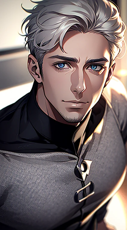 (best quality,4k,8k,highres,masterpiece:1.2),ultra-detailed,(realistic,photorealistic,photo-realistic:1.37),1 man,31 years old,mature man,very handsome,without expression,smile,short grey hair,blue eyes,penetrating gaze,perfect face without errors,imposing posture,businessman,office background,cinematic lighting,hdr image