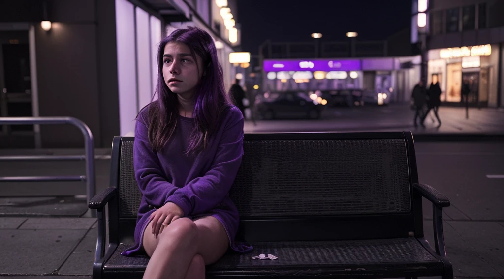 very sad girl in purple lighting sit alone seriously on the side pedestrian thinking