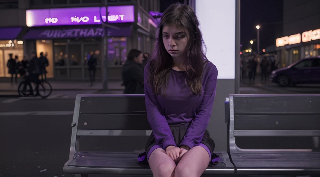 very sad girl in purple lighting sit alone seriously on the side pedestrian thinking