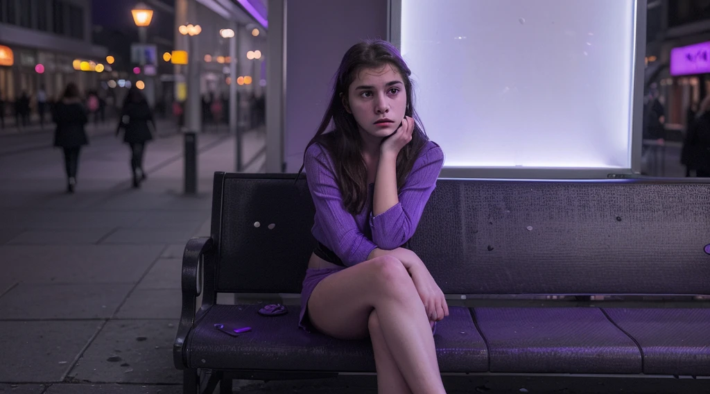 very sad girl in purple lighting sit alone seriously on the side pedestrian thinking