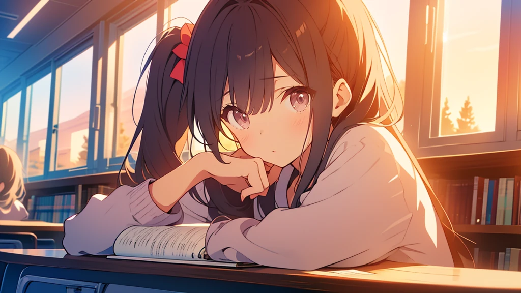 bangs, Long Hair, Hair above the eyes, Lost in Thought, Side Ponytail, Anime Style, 超High resolution, masterpiece, Textured skin, High resolution, Highest quality, A high school girl rests her chin on the desk while opening her notebook in the library, in the evening, Sunset shines through the window