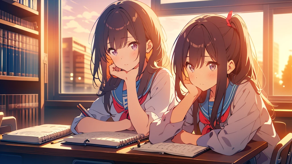 bangs, Long Hair, Hair above the eyes, Lost in Thought, Side Ponytail, Anime Style, 超High resolution, masterpiece, Textured skin, High resolution, Highest quality, A high school girl rests her chin on the desk while opening her notebook in the library, in the evening, Sunset shines through the window