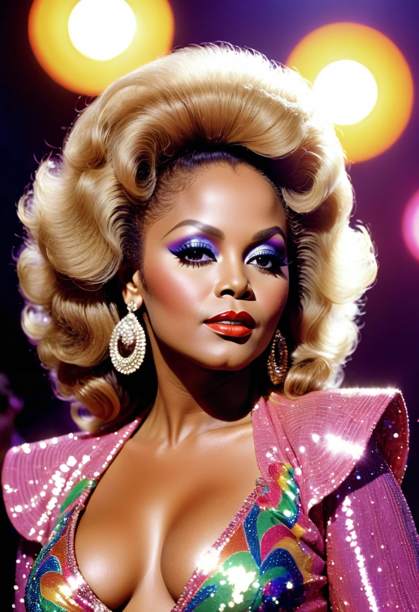 A closeup photo of a fictional 1970s female R&B superstar named Cookie Eaton. She has a confident and glamorous expression, with stylishly voluminous hair, possibly an afro, and wearing large hoop earrings. Her makeup is bold with vibrant eye shadow and glossy lips. She is dressed in a sparkling, sequined outfit, typical of 1970s fashion. The background is a blurred stage with colorful lights, giving a sense of her performing in a lively concert. The image captures the essence of 1970s R&B glamour and style.