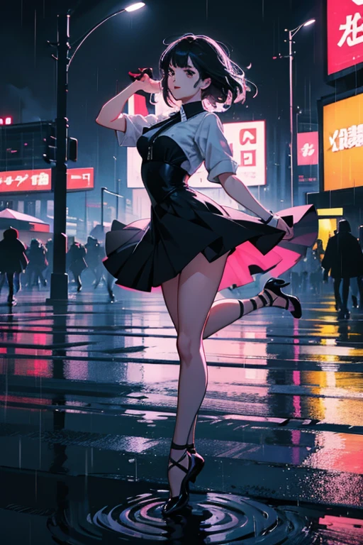 Heavy Rain、heavy rain、Lift your legs high、Dancing Ballet、Girl、Dynamic composition、Vibrant colors, Bold brushstrokes, High contrast shadows. In the foreground, 
