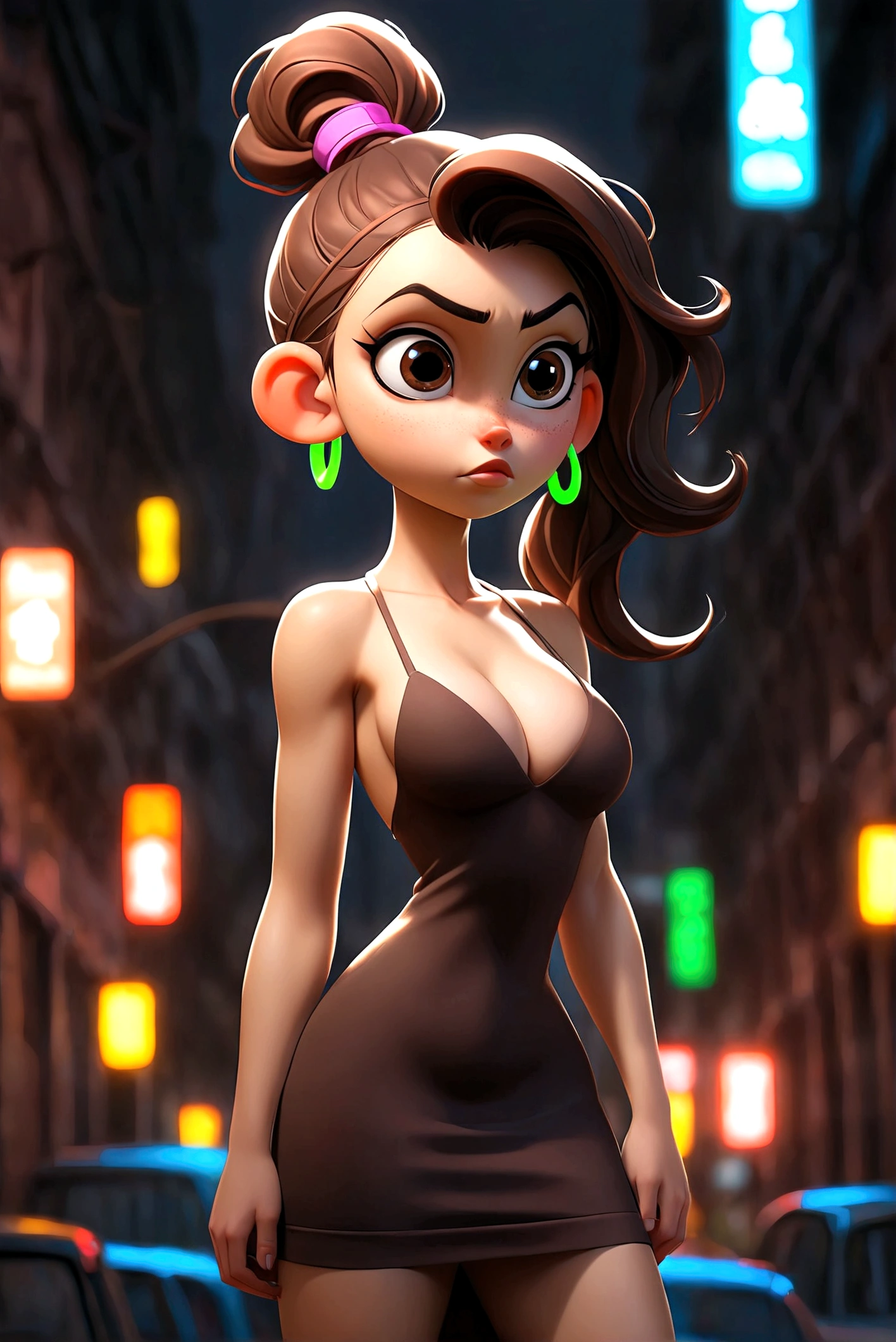 (Best Quality, 1 girl, full body shot, standing, wearing a short dress,bare breasts, changing lighting, neon lights background, city street, Beautiful detailed eyes, dark brown hair, High ponytail)