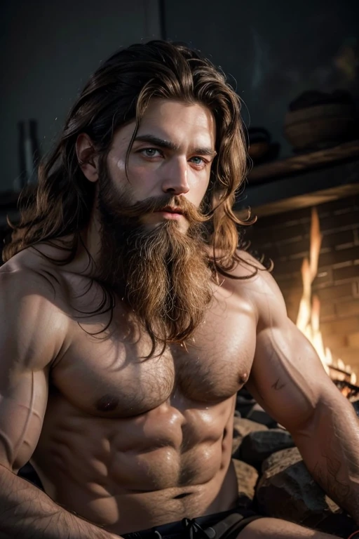 Beautiful muscle god blue eyes beard long curly hair in the fire