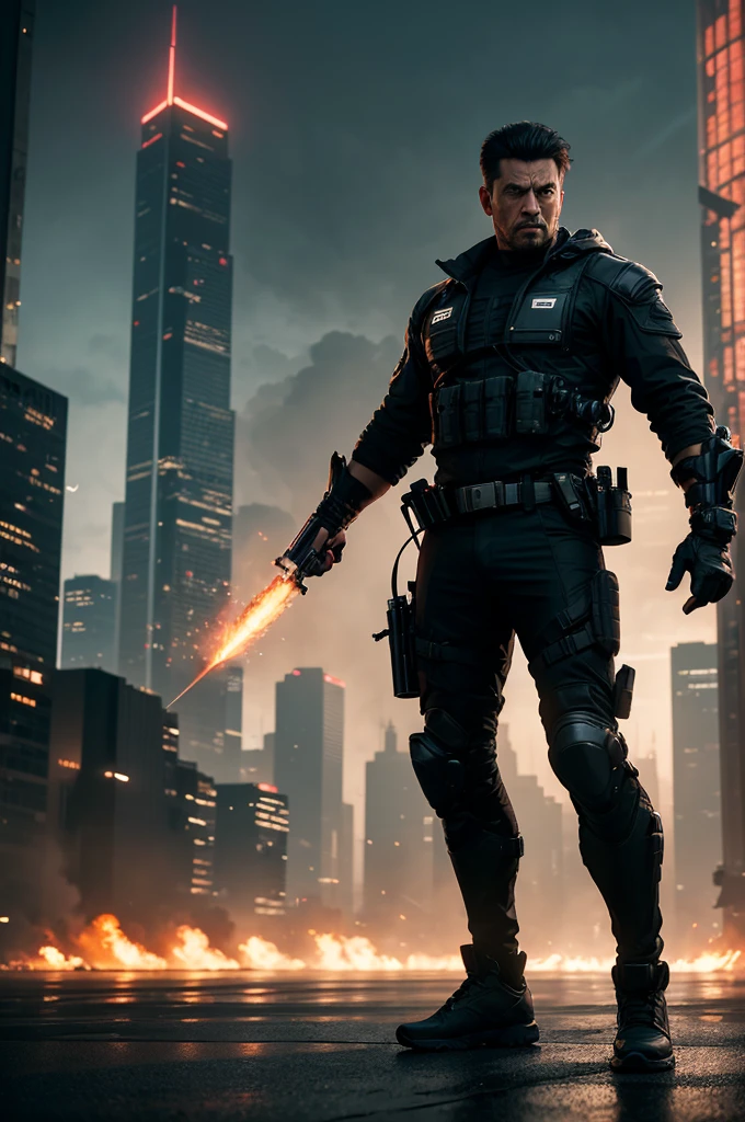 {
"prompt": "Create an image of a strong, determined-looking man standing in the middle of an intense action movie scene. The background should depict a dramatic urban environment at night with neon lights, towering skyscrapers, and fiery explosions in the distance. The man should have rugged features, be dressed in tactical gear, and hold a weapon ready for action. The scene should be dynamic, with debris flying and a sense of chaos and adrenaline. The overall mood should be intense and thrilling, capturing the essence of an action-packed moment.",
"size": "1792x1024"
}