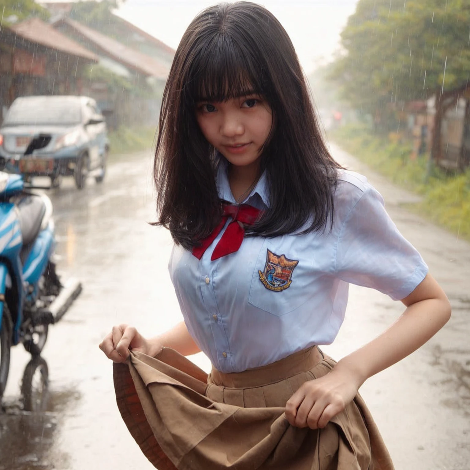 An Indonesian young woman wearing a high  is getting rained on. She is holding her skirt up high to keep it from getting wet. The background shows the side of the road in the late afternoon.