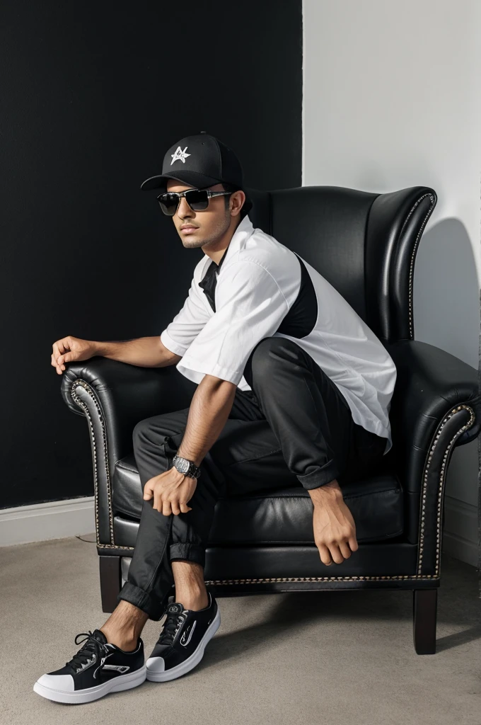 Create a 3D illusion picture where a boy in a black shirt site casually on a wingback chair. Wearing sneakers.a black cricket Cap and sunglasses he looks ahead the background features "imdad"in big and capital white fonts on the black wall. There should not be his shadow and there are wings to make it appear as if he is an angel 😊