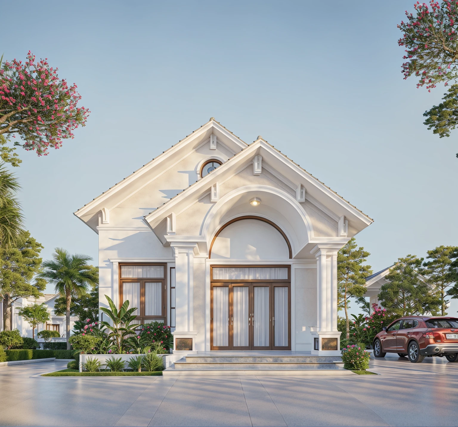 PLATEFORME KTHOUSE, Beaucoup de belles fleurs rouges le long de la route:1.3, Romantique, 1 maison de style néoclassique, La maison de ville est faite de murs blancs, Belle lumière, journée de beauté, ensoleillé, Beaucoup de bougainvilliers rouges le long de la route:1.3, belle sensation de jeunesse :1.2, soleil à midi, Très belles ombres,