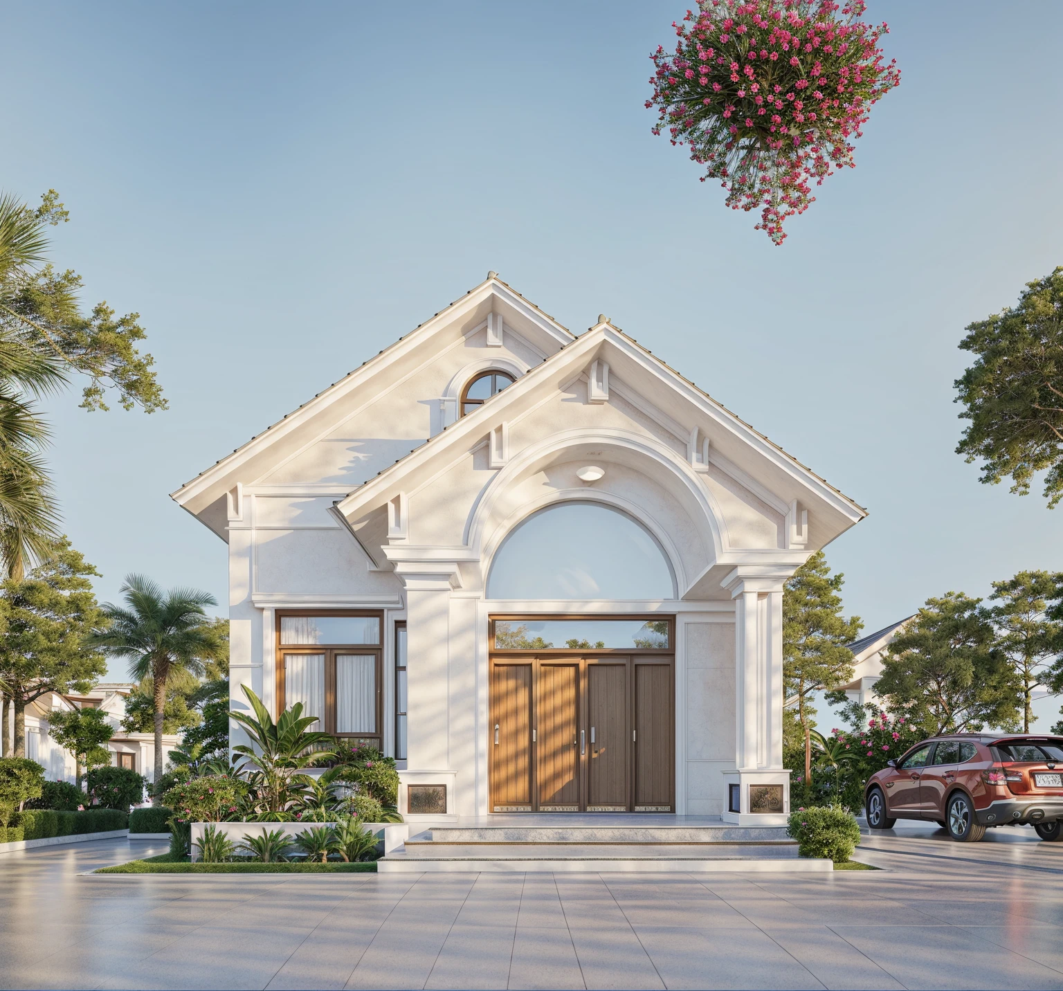 PLATEFORME KTHOUSE, Beaucoup de belles fleurs rouges le long de la route:1.3, Romantique, 1 maison de style néoclassique, La maison de ville est faite de murs blancs, Belle lumière, journée de beauté, ensoleillé, Beaucoup de bougainvilliers rouges le long de la route:1.3, belle sensation de jeunesse :1.2, soleil à midi, Très belles ombres,