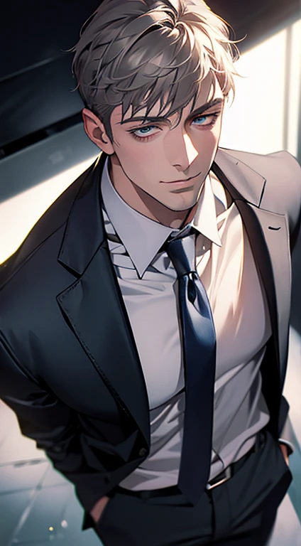 (best quality,4k,8k,highres,masterpiece:1.2),ultra-detailed,(realistic,photorealistic,photo-realistic:1.37),1 man,31 years old,mature man,very handsome,without expression,smile,short grey hair,blue eyes,penetrating gaze,perfect face without errors,imposing posture,businessman,office background,cinematic lighting,hdr image