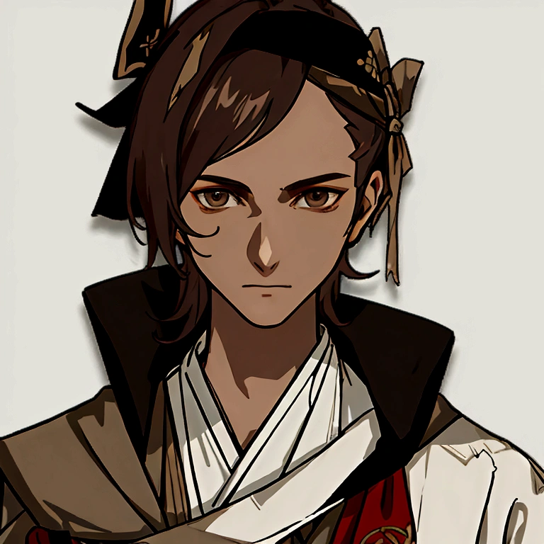 masterpiece, best quality, simple background, portrait, solo, 1boy, 30 years old, brown hair, assassin's clothes, bandana, beige clothes, torn clothes