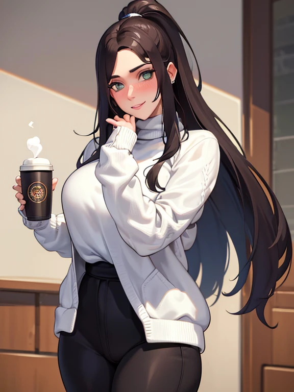 (tmasterpiece, melhor qualidade: 1.4), (Modernidade), (cowboy shot), Yamanaka, Ino, 1 girl, solo, Bunda POV, SFW, Amazing girl, (standingn: 1.1), dinamismo, (oversized white sweater, Knitted sweater: 1.4), (tight yoga pants, dark gray yoga pants: 1,4), (jaqueta azul marinho curta, Jaqueta jeans: 1,4), longos cabelos loiros, Quiff, heart shaped face, rosto elegante, cara bonita, rosto altamente detalhado, pele de alta profundidade, pele dos poros, subsurface dispersion, (olhos azuis detalhados), alunos realistas, seios grandes, Um sorriso amoroso, olhar para o espectador, Blush em todo o rosto, full lips, holds a cup of coffee, no centro, Coffee in the background, Rua da Cidade, dia ensolarado , O Vento, Antecedentes detalhados, Profundidade de campo, atmosphric perspective, voluminous lighting, foco nítido, Absurdidade, Realistic aspect ratio, boa anatomia, (Realista, Um hiper-realista: 1.4),