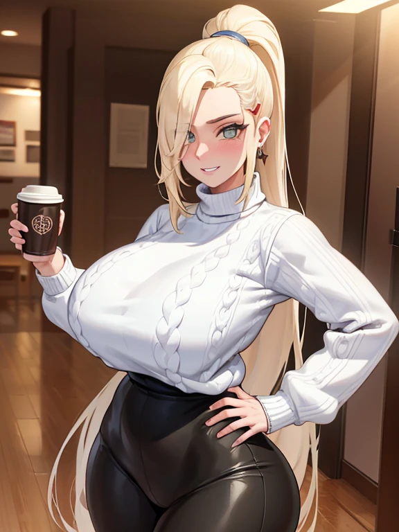 (tmasterpiece, melhor qualidade: 1.4), (Modernidade), (cowboy shot), Yamanaka, Ino, 1 girl, solo, Bunda POV, SFW, Amazing girl, (standingn: 1.1), dinamismo, (oversized white sweater, Knitted sweater: 1.4), (tight yoga pants, dark gray yoga pants: 1,4), (jaqueta azul marinho curta, Jaqueta jeans: 1,4), longos cabelos loiros, Quiff, heart shaped face, rosto elegante, cara bonita, rosto altamente detalhado, pele de alta profundidade, pele dos poros, subsurface dispersion, (olhos azuis detalhados), alunos realistas, seios grandes, Um sorriso amoroso, olhar para o espectador, Blush em todo o rosto, full lips, holds a cup of coffee, no centro, Coffee in the background, Rua da Cidade, dia ensolarado , O Vento, Antecedentes detalhados, Profundidade de campo, atmosphric perspective, voluminous lighting, foco nítido, Absurdidade, Realistic aspect ratio, boa anatomia, (Realista, Um hiper-realista: 1.4),